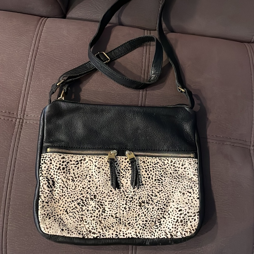 FOSSIL Black Leather with Soft Black&Cream Animal Print Shoulder Bag Purse